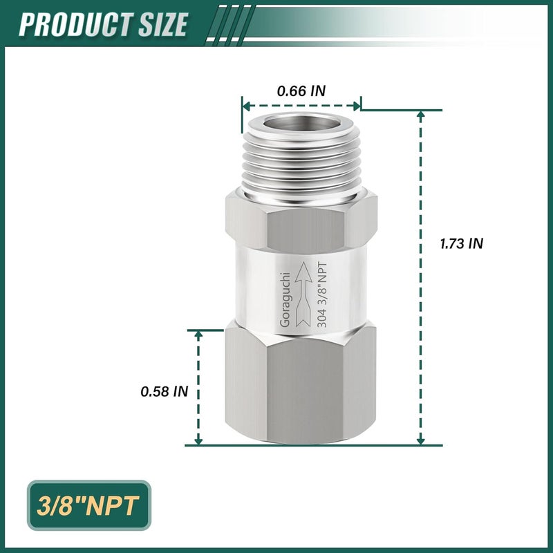 Goraguchi صمام فحص ذكر 3/8" NPT من الفولاذ المقاوم للصدأ 1 قطعة x صمام فحص أنثى 3/8" NPT، صمامات فحص غير قابلة للعودة، منع التدفق العكسي للوقود/الهواء/السائل/الزيت/الغاز - Image 2